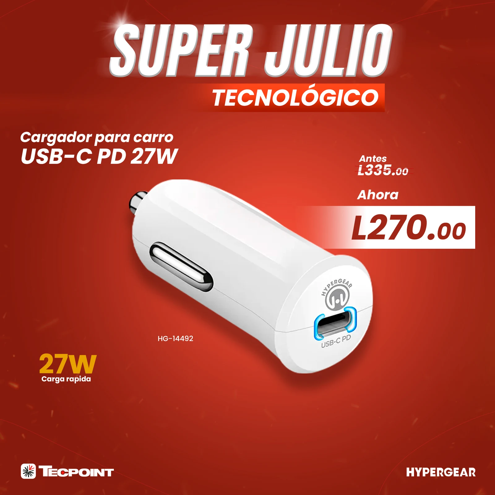 HyperGear USB-C PD 27W Car Charger White