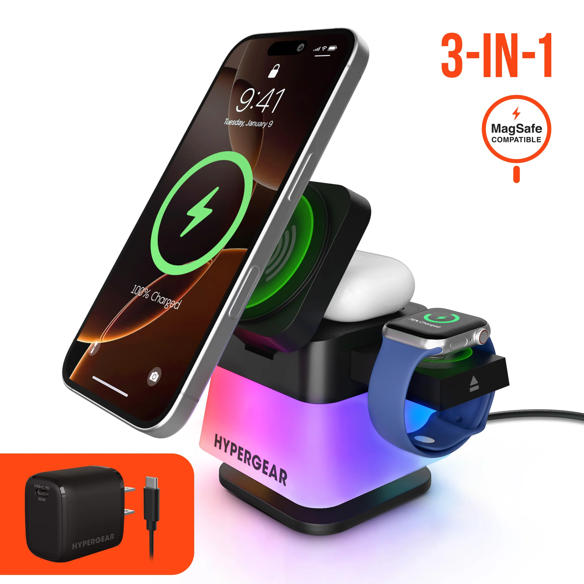 Hypergear 3-in-1 Wireless Charging Stand RGB Black