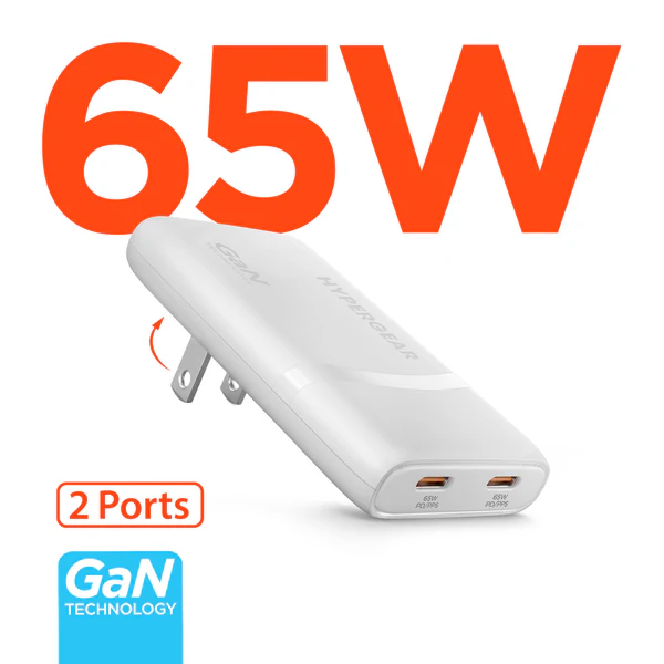 HyperGear SpeedBoost 65W Dual USB-C Slim GaN Charger White