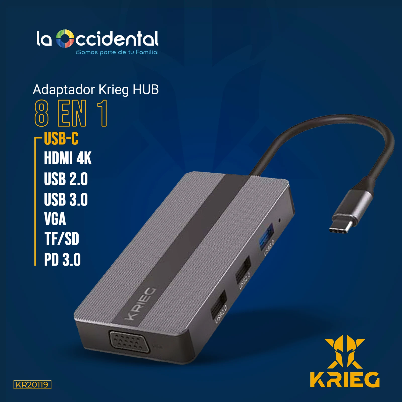 KH-01 Krieg HUB 8 en 1 Type C con USB2.0*2+USB 3.0 + VGA+ PD3.0+SD+TF+HDMI 4K Gris