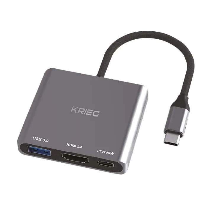 KH-05 Krieg HUB 3 en 1 Type C a USB + HDMI 2.0 + PD 100W Gris