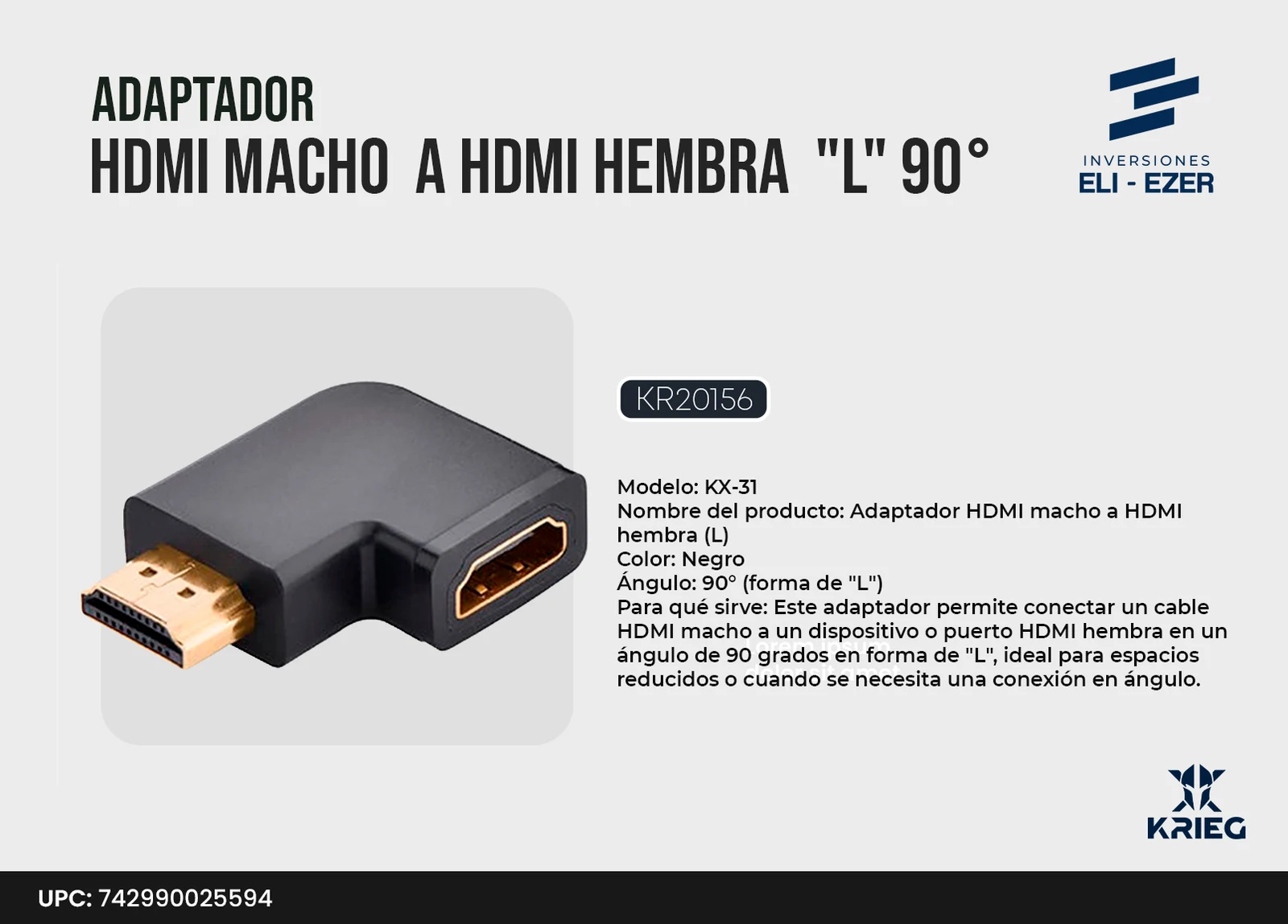KX-31 Krieg Adaptador HDMI M a HDMI H "L" 90° Negro