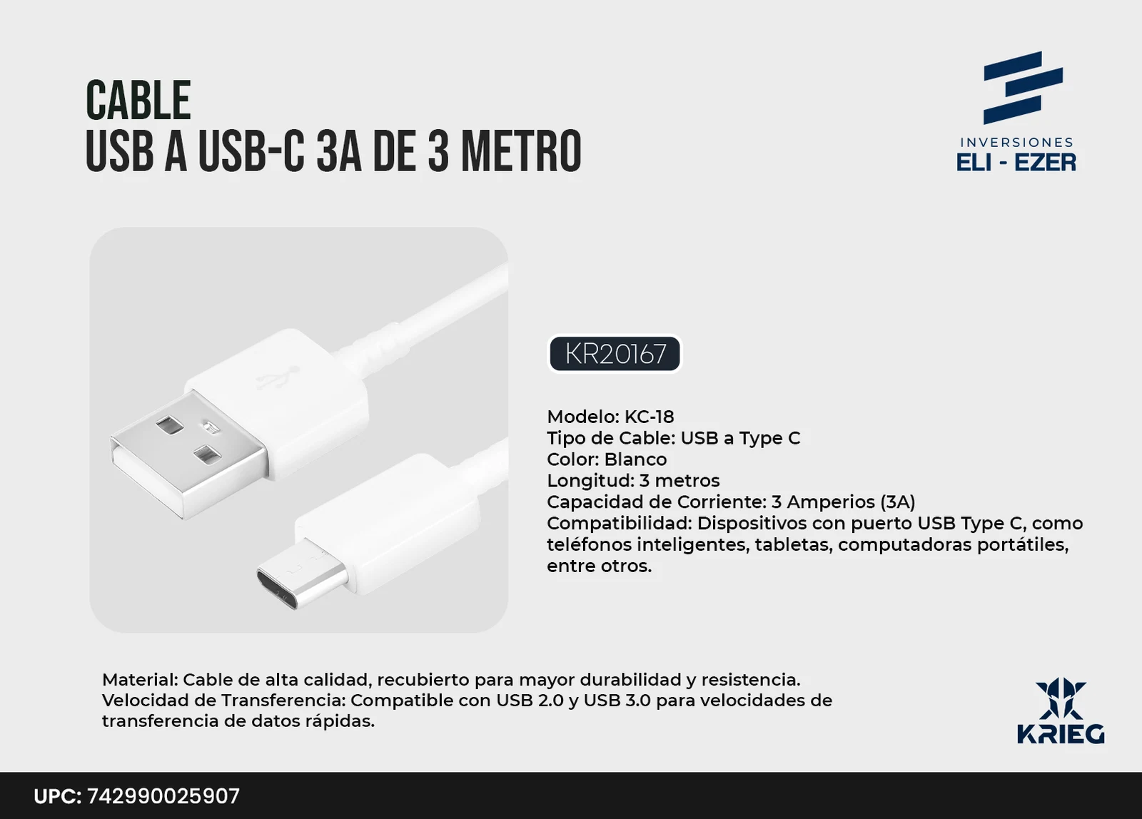 KC-18 Krieg Cable USB a Type C 3A de 3 Metros Blanco