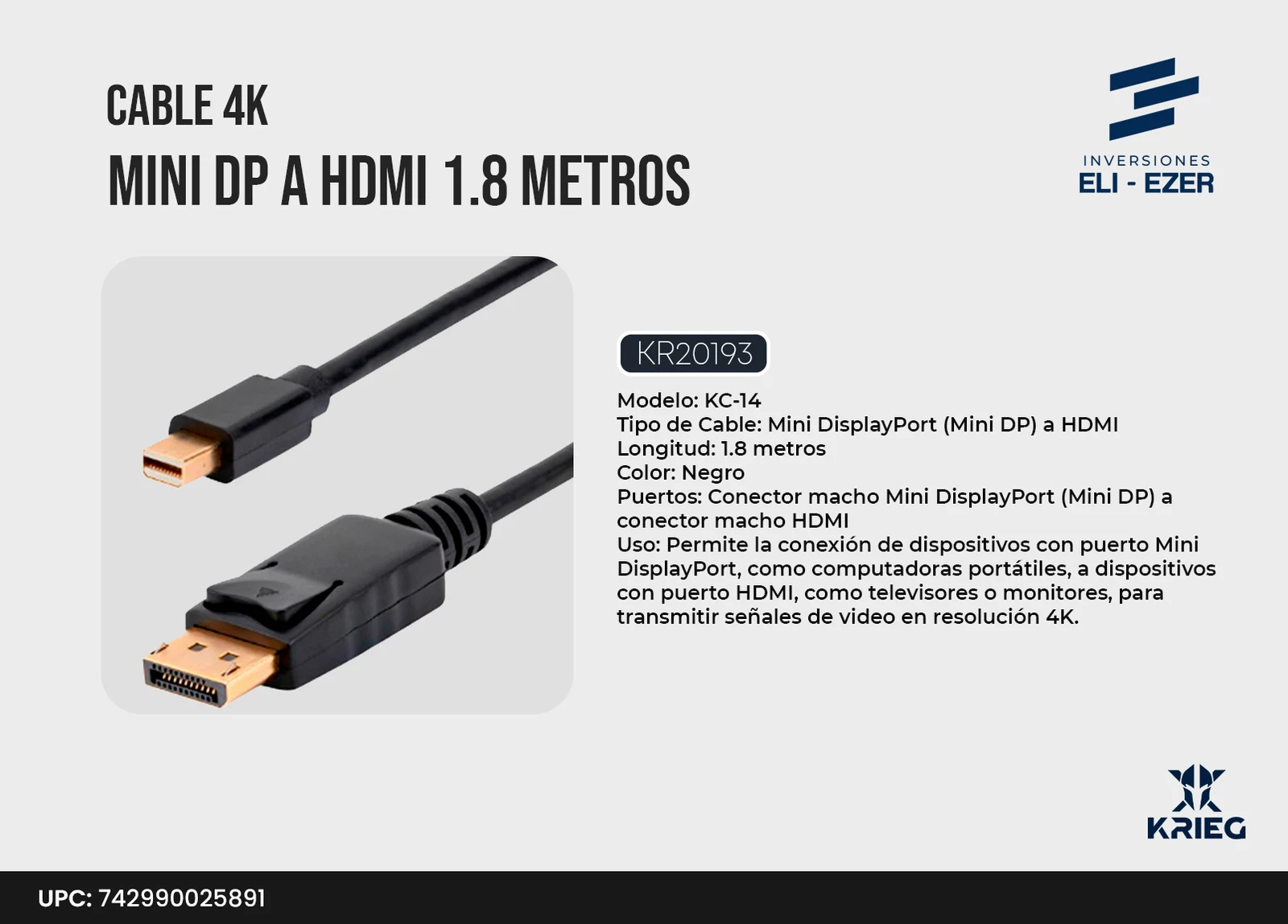 KC-14 Krieg Cable 4K Mini DP a HDMI 1.8 Metros Negro