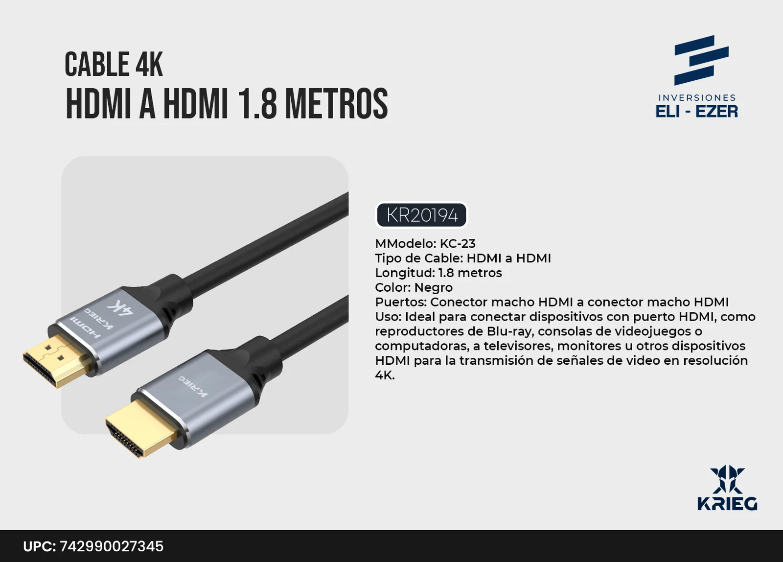 KC-23 Krieg Cable 4K HDMI a HDMI 1.8 Metros Negro