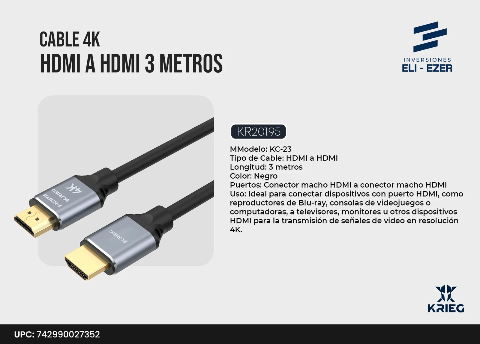 KC-23 Krieg Cable 4K HDMI a HDMI 3 Metros Negro