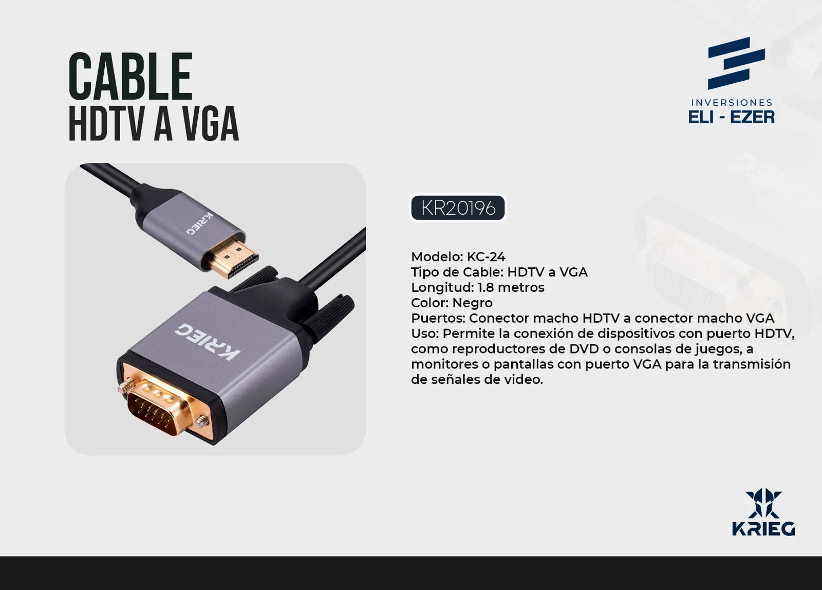 KC-24 Krieg Cable HDMI a VGA 1.8 Metros Negro
