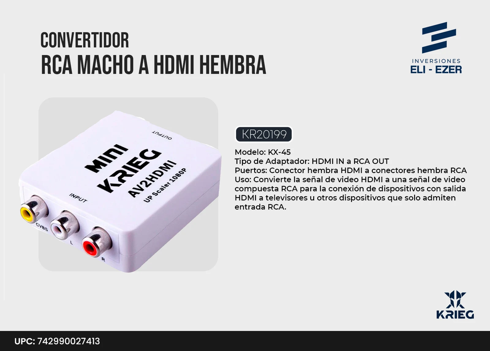 KX-46 Krieg Adaptador RCA Input a HDMI Output