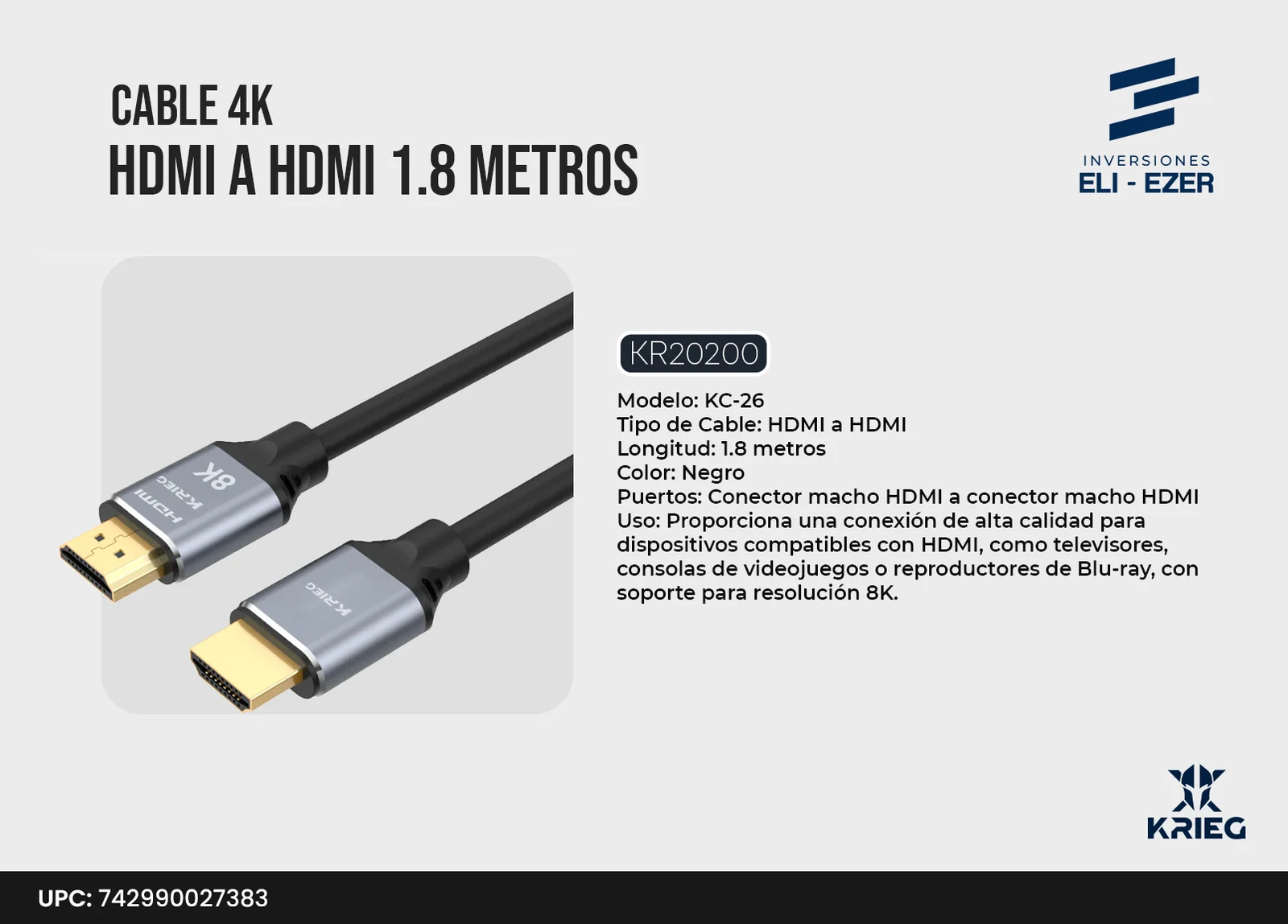 KC-26 Krieg Cable 8K HDMI a HDMI 1.8 Metros Negro