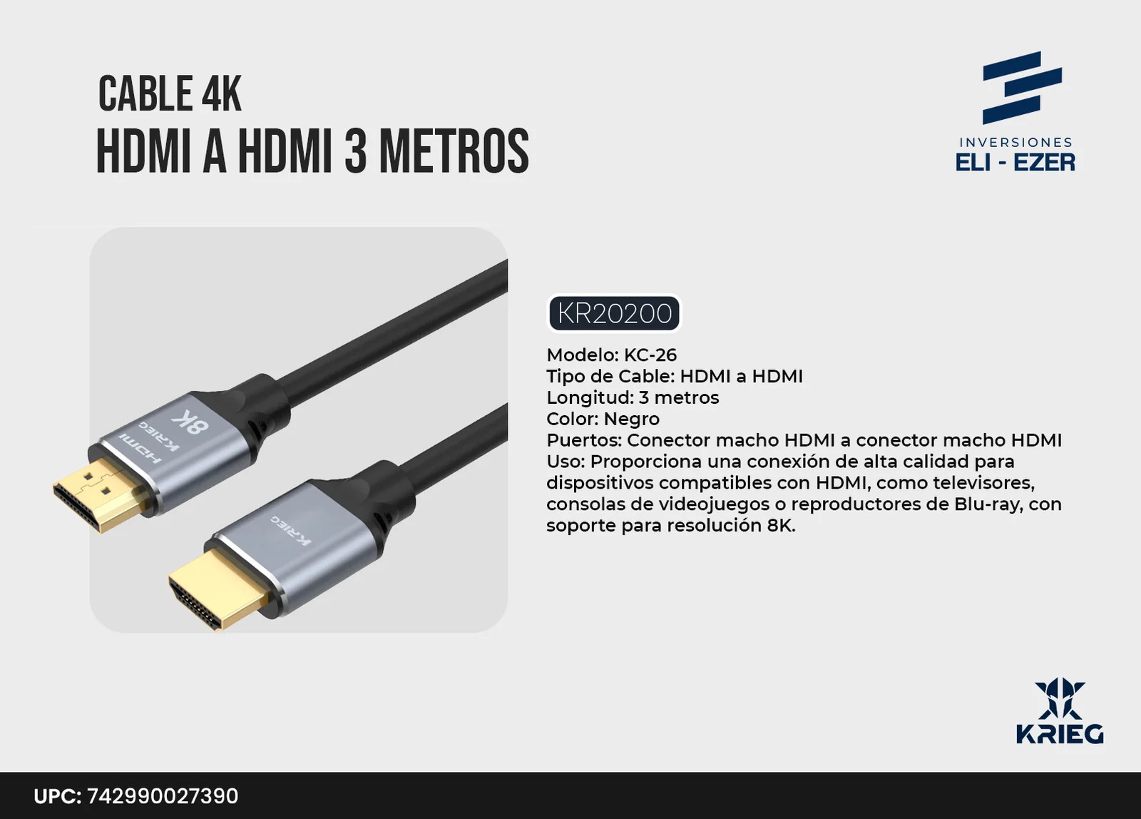 KC-26 Krieg Cable 8K HDMI a HDMI 3 Metros Negro
