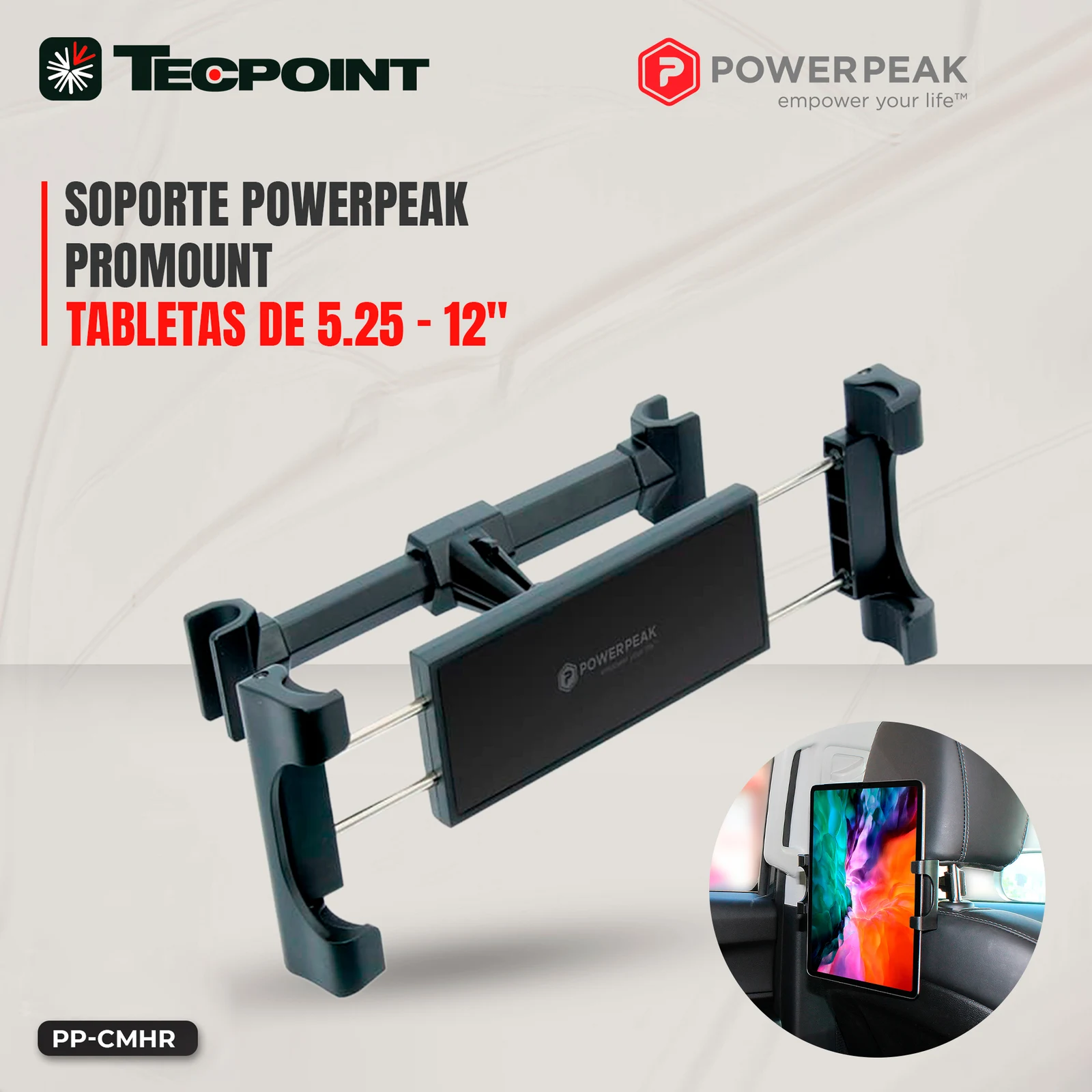 PowerPeak ProMount Car Headrest For Tablets 5.25" To 12" - Black