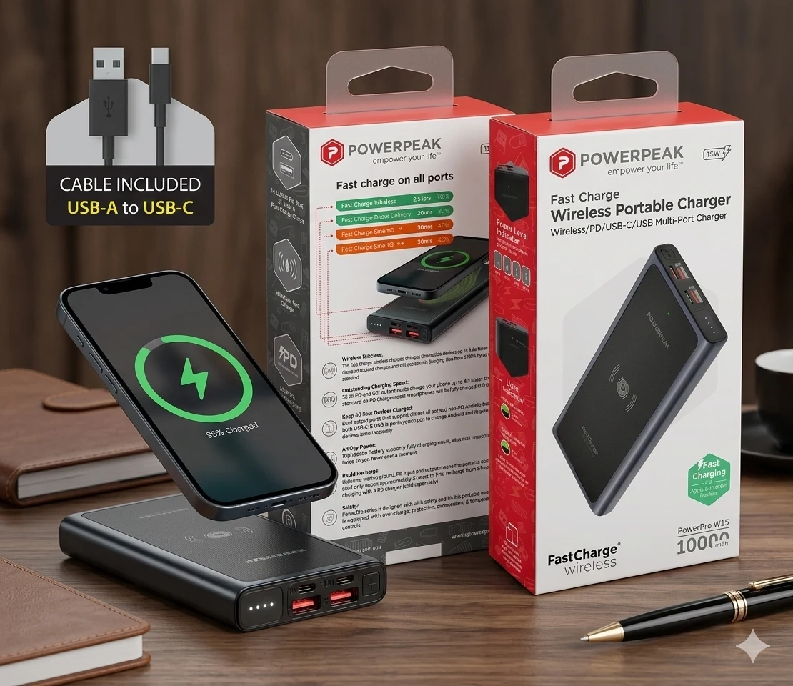 PowerPeak Power Bank 10,000 mAh Charge Wireless 2-in-1 - Black