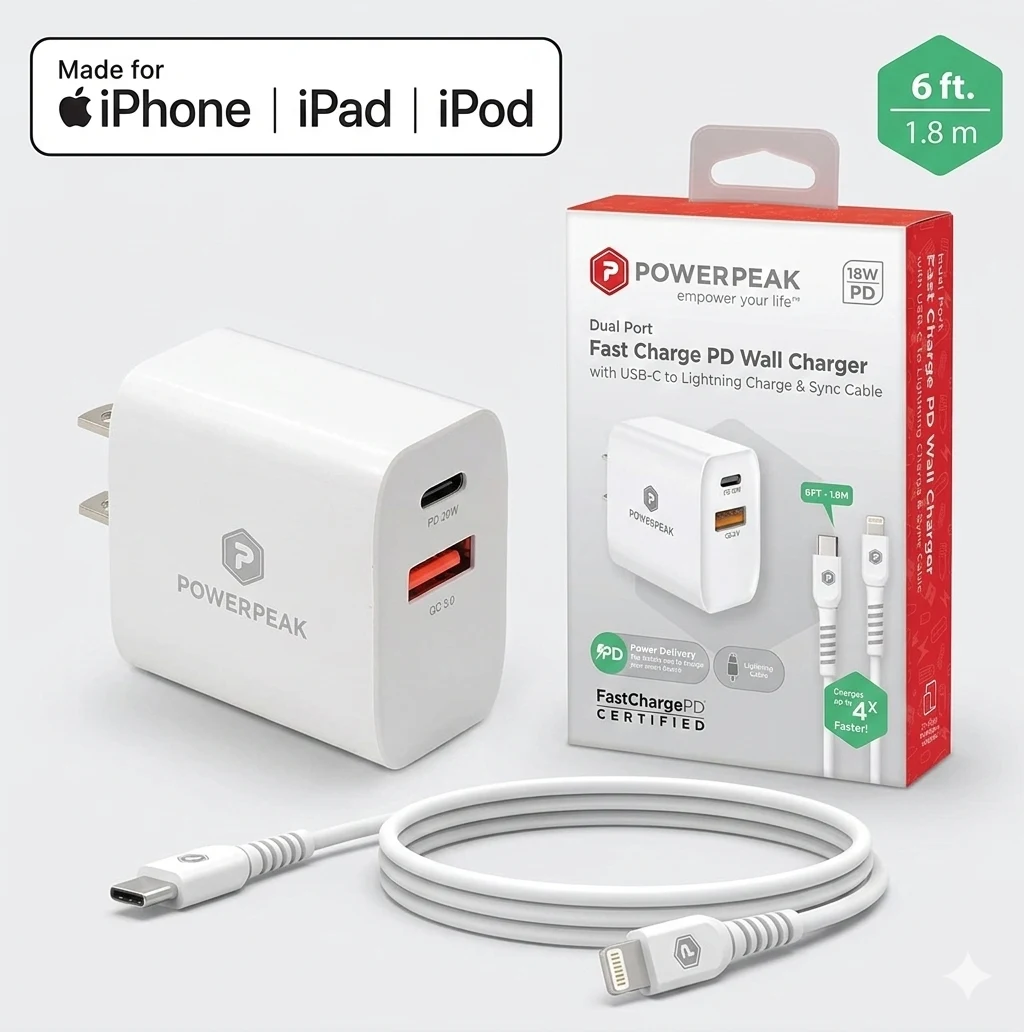 PowerPeak Wall Charger 35W PD Cable USB-C to Lightning - White