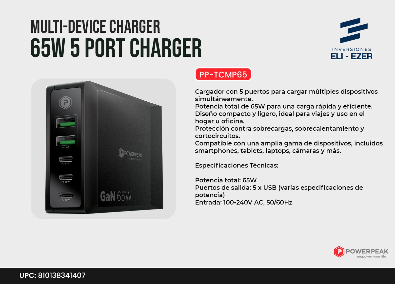 Powerpeak Charger Multi-Device 65W 5 Port - Black