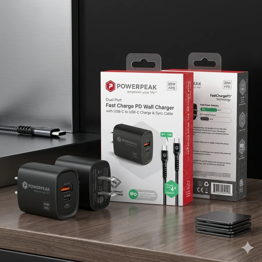 PowerPeak Wall Charger 30W PD Cable USB-C to USB-C - Black