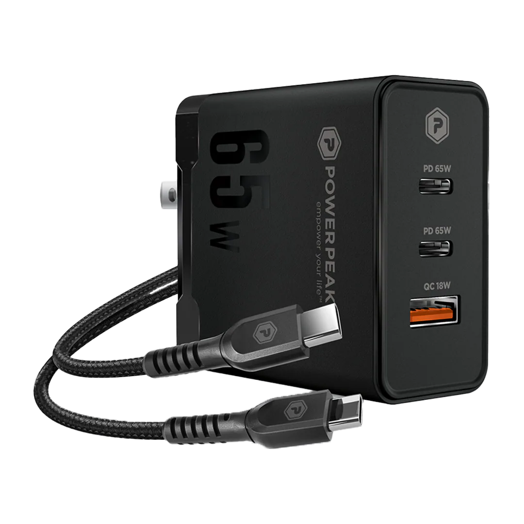 Cargador PowerPeak rápido 65W triple puerto con cable USB C GaN en color negro