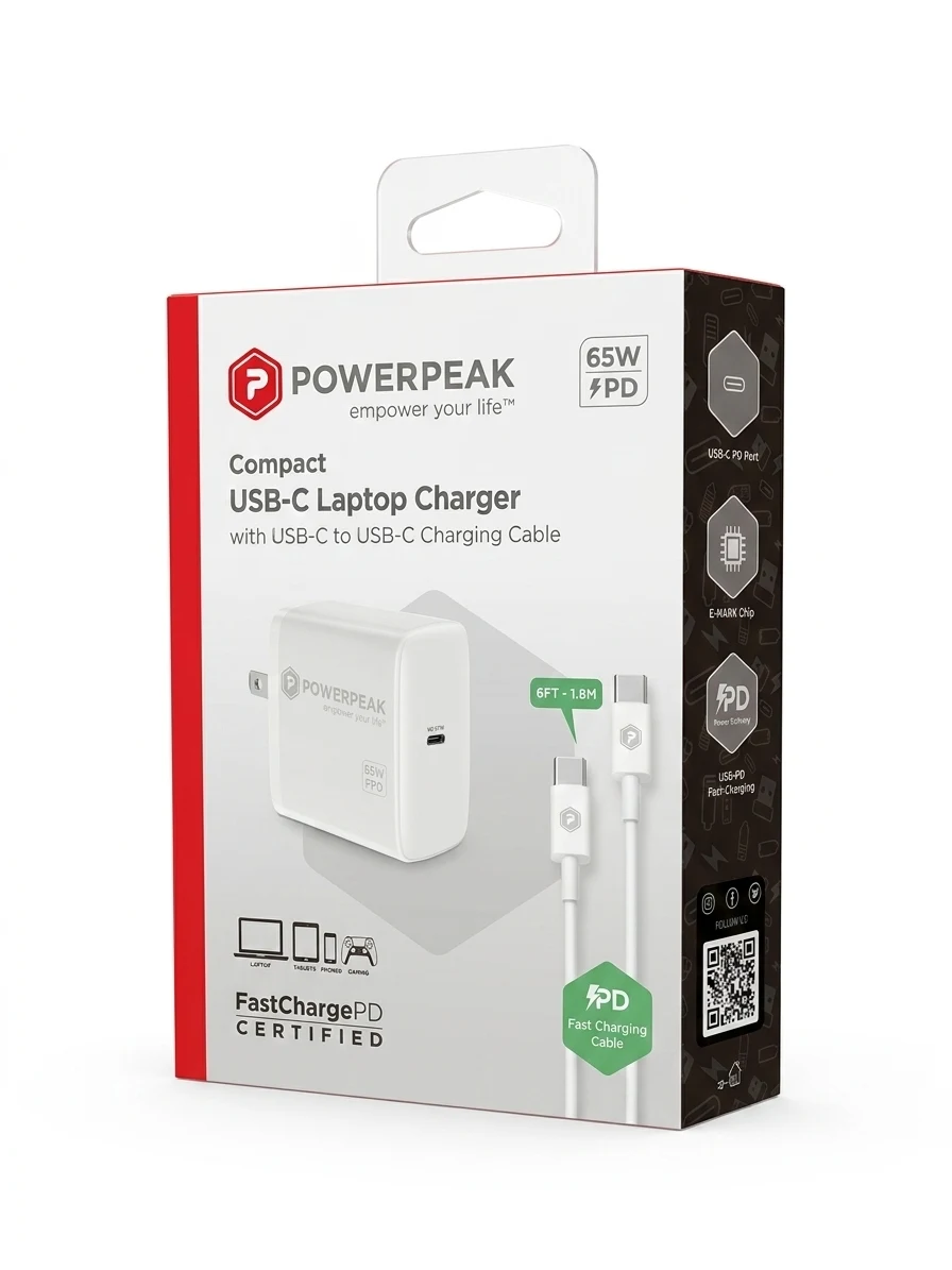 PowerPeak Wall Charger 65W PD Laptop Cable USB-C to USB-C - White