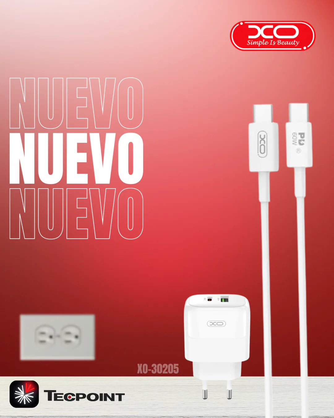 Cargador XO rápido 20W / 18W USB A + USB C con cable USB C en color blanco
