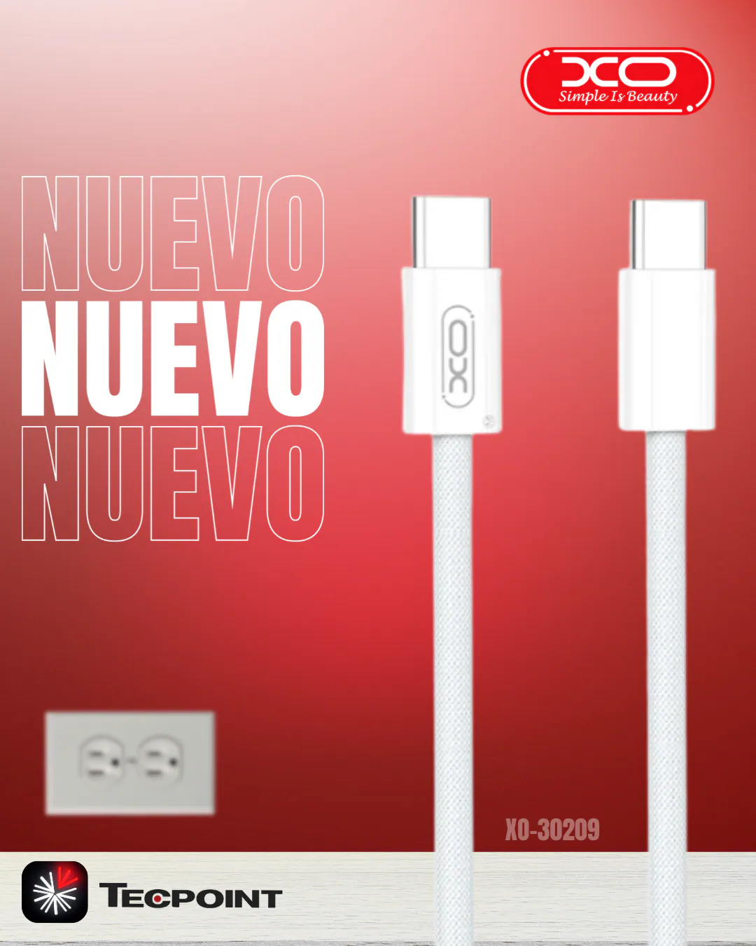 Cable XO trenzado USB C a USB C 60W 3M en color blanco